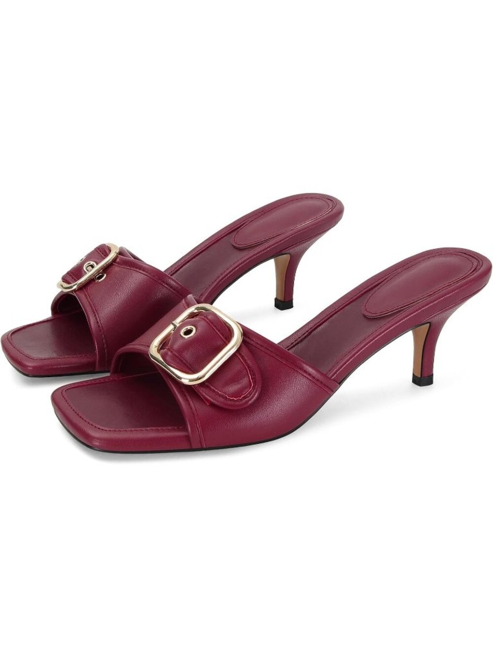 Women Burgundy Leather Square-Toe Buckle Accent Kitten Stiletto Heel Mule Sandal